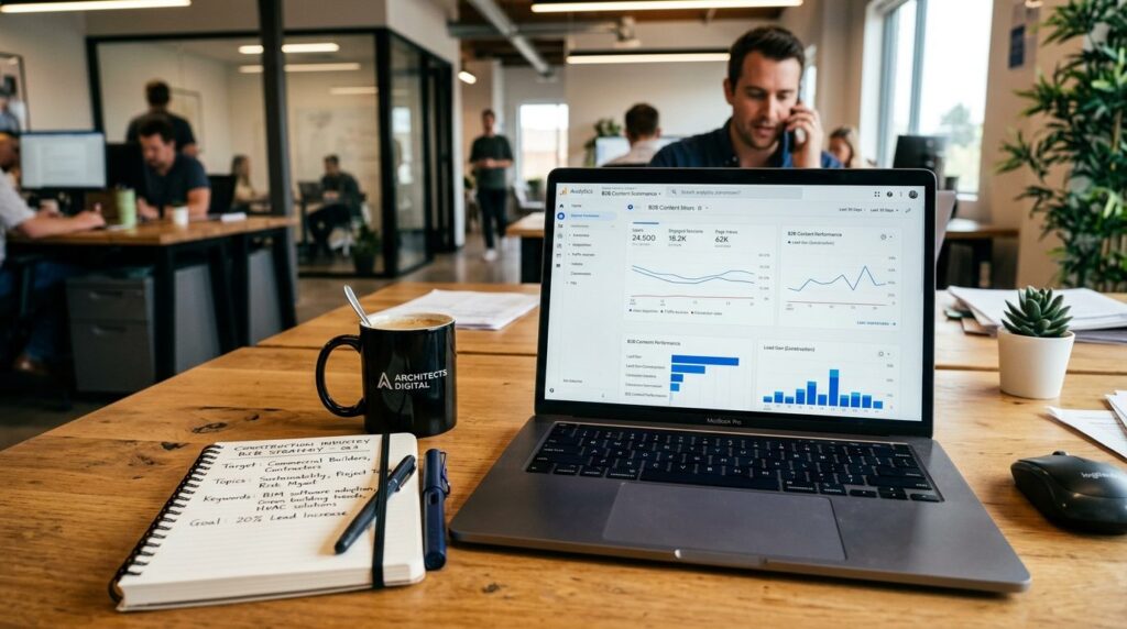 Close-up of a B2B content strategists workspace with laptop