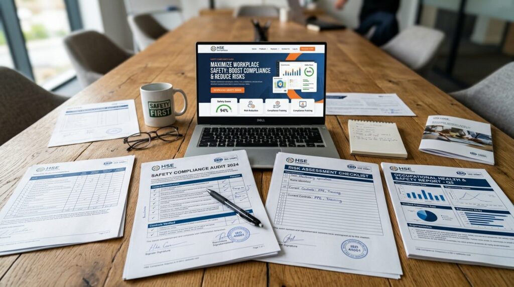 Close-up overhead shot of a wooden conference table with saf