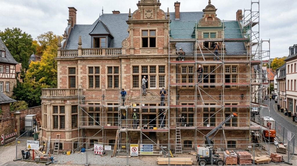 Wide-angle photograph of a historic European mansion facade 