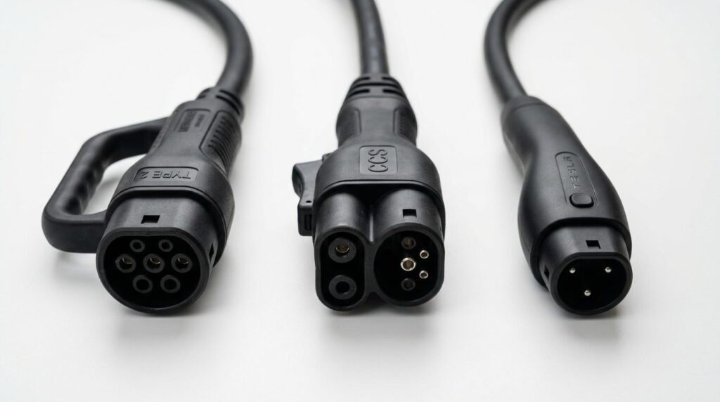 Close-up photorealistic shot of different EV charging cable 