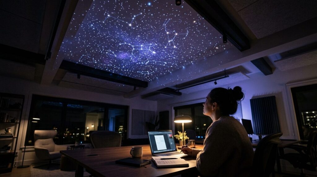 Close-up of star field projection on dark office ceiling wit