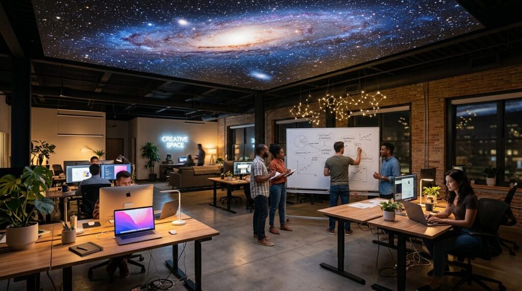 Modern creative content marketing bureau open plan office wi