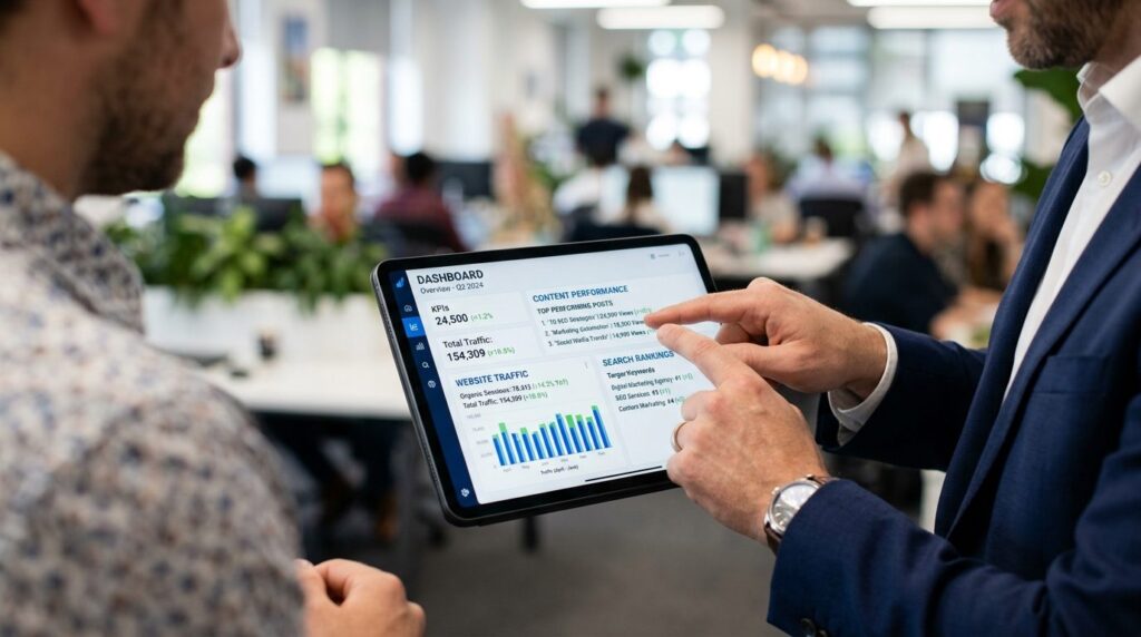 Close-up of hands pointing at digital marketing metrics on t