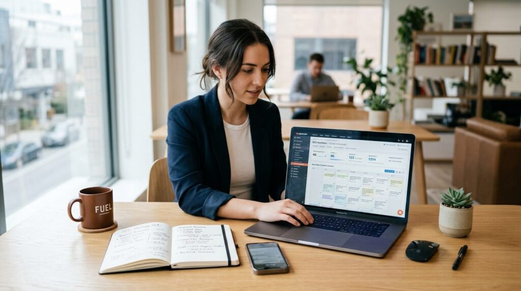 Young entrepreneur working at desk with laptop showing SEO t