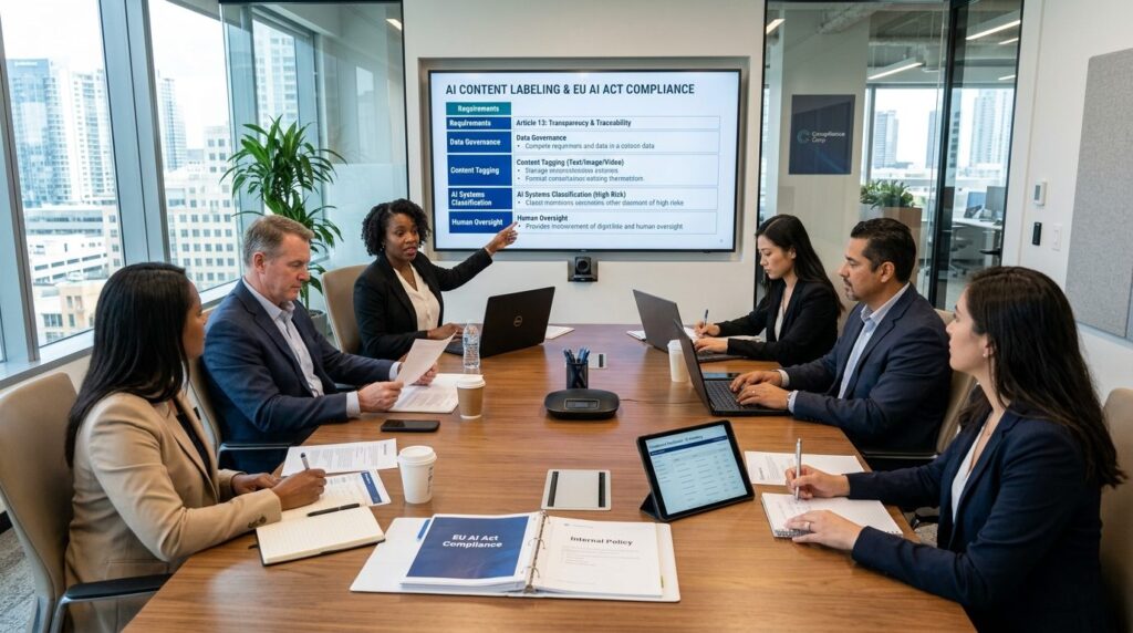 Wide shot of corporate compliance meeting room with diverse 