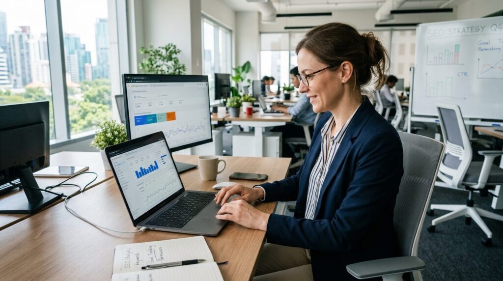 Female digital marketing manager reviewing Google Analytics