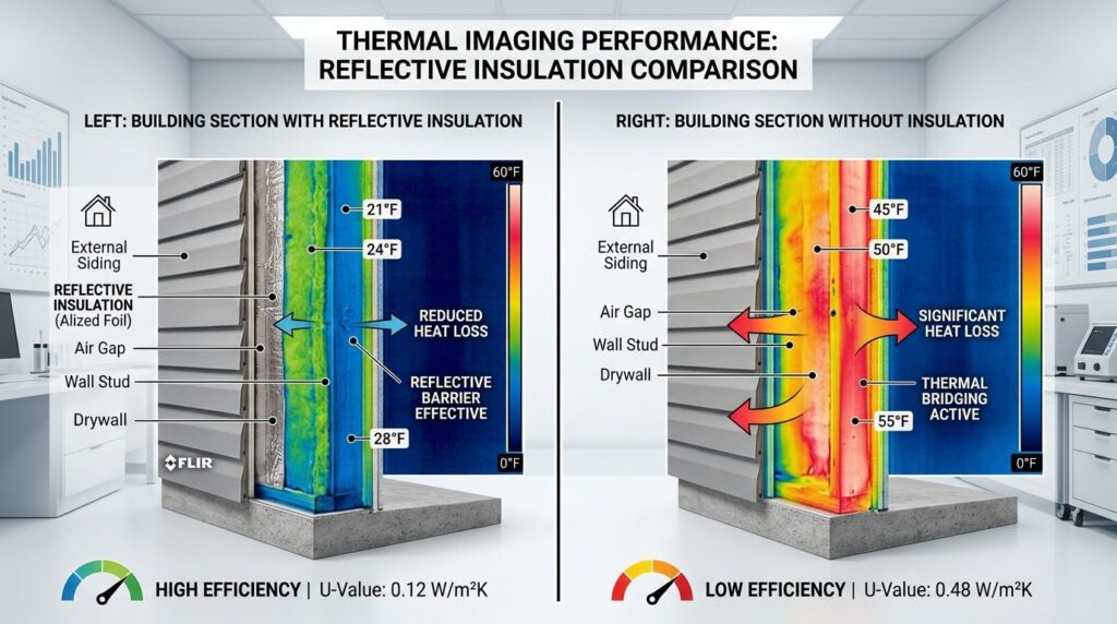 Split-screen technical comparison: left side shows thermal i